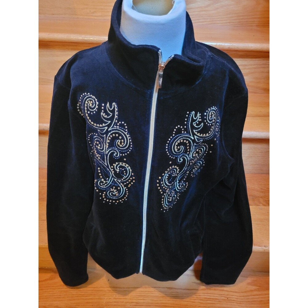 Onque Casuals Womens  S Jacket Black Zipper Valors With Embellish Swirls